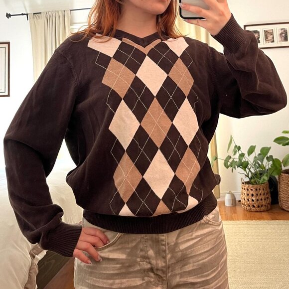 TOMMY HILFIGER BROWN ARGYLE SWEATER - Picture 1 of 4